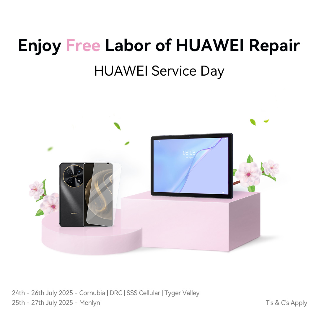 HuaweiZA's tweet image. Huawei Service Day is back!
Treat your device to amazing discounts, a free cleaning, and a complimentary film screen protector. Don’t let this opportunity slip away!
Tygervalley, Cornubia, SSS Cellular and DRC: 24-26 July 2025.
Menlyn: 25-27 July 2025.
For more info:…