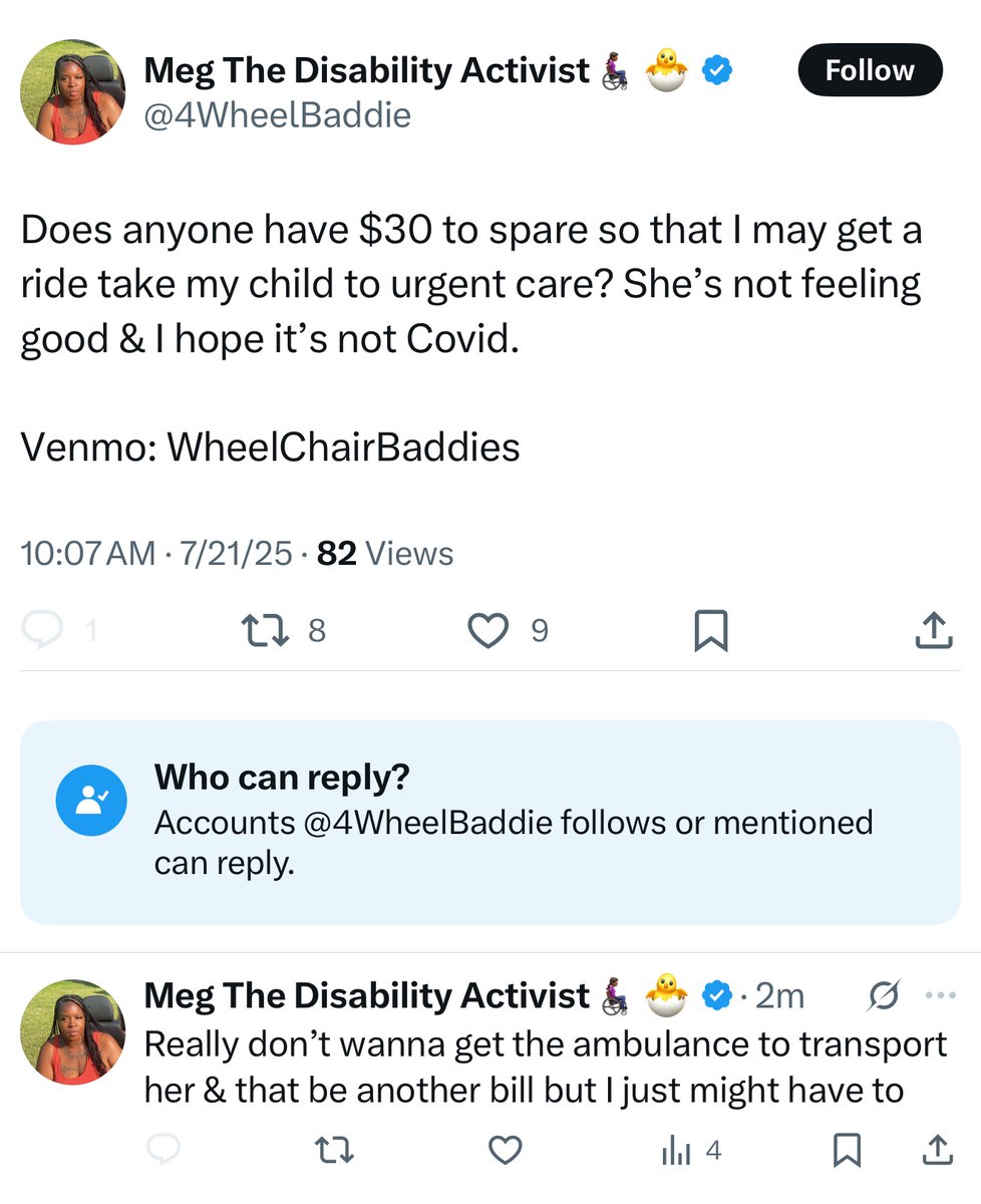 Anti - Scam (@antiscamstop1) on Twitter photo Get an Uber you scamming lying thing. You don’t even have a daughter you sicko <a href="/4WheelBaddie/">Meg The Disability Activist👩🏾🦽➡️🐣</a> . An ambulance to urgent care ? How dumb are you ? Get an Uber you scamming lying thing. You don’t even have a daughter you sicko <a href="/4WheelBaddie/">Meg The Disability Activist👩🏾🦽➡️🐣</a> . An ambulance to urgent care ? How dumb are you ?