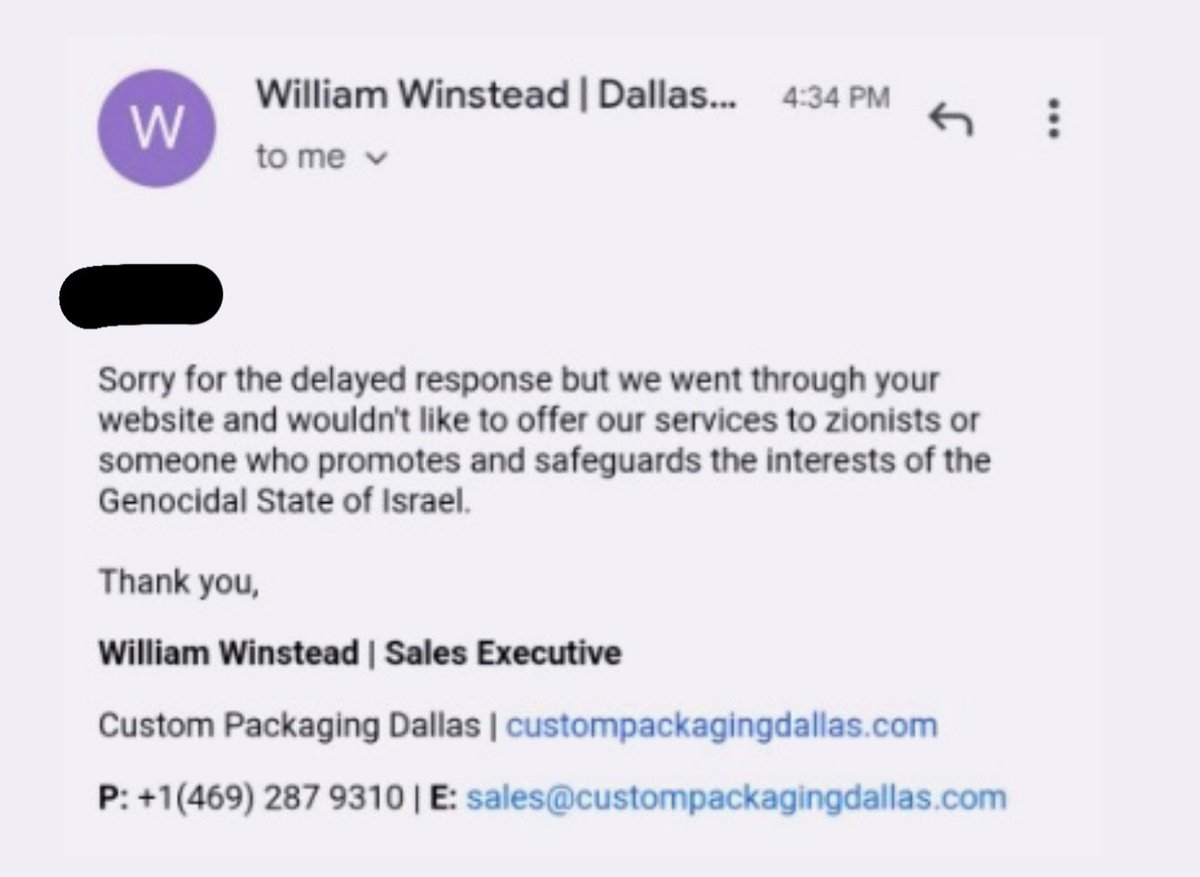 stopdontshoporg's tweet image. Dallas TX customers beware - "Packaging Dallas" refuses to serve Zionists (i.e. the vast majority of Jews) and refers to Israel as genocidal.