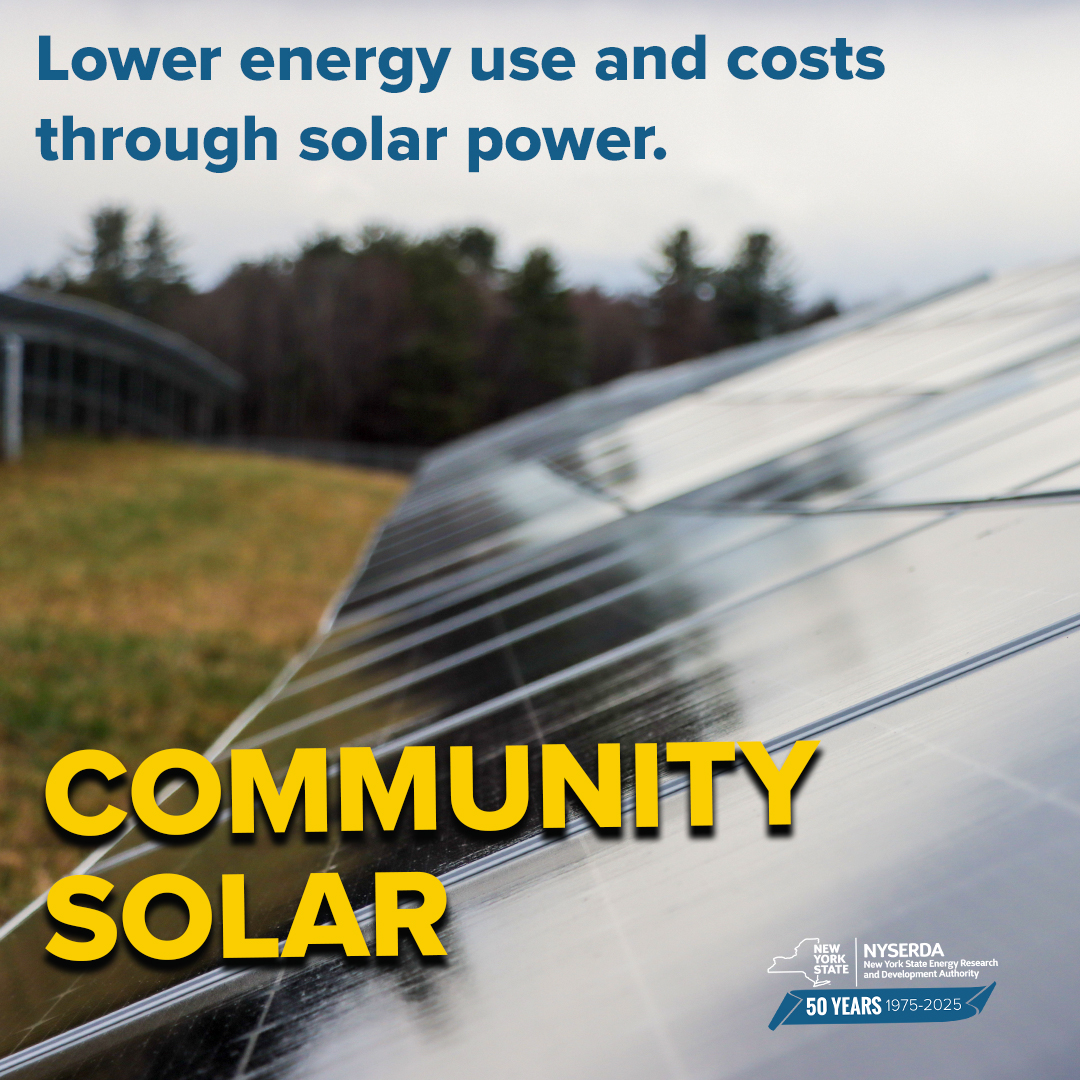 NYSERDA's tweet image. You don’t need a roof full of solar panels to enjoy the benefits of solar energy! ☀️
Renter or a homeowner, save money on your electric bill by joining a local community solar project. Learn how community solar works & pick a project. bit.ly/4krybNe