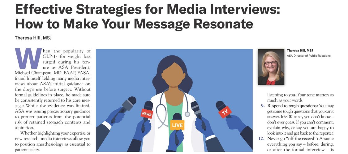 ASAMonitor's tweet image. Media interviews allow you to position anesthesiology as essential to patient safety. Learn how to maximize the chances that your perspective and the quotes you’d like publicized appear in the piece.
🎤Find 10 preparation tips: ow.ly/uuNq50Wjmt9
@theresamcghill