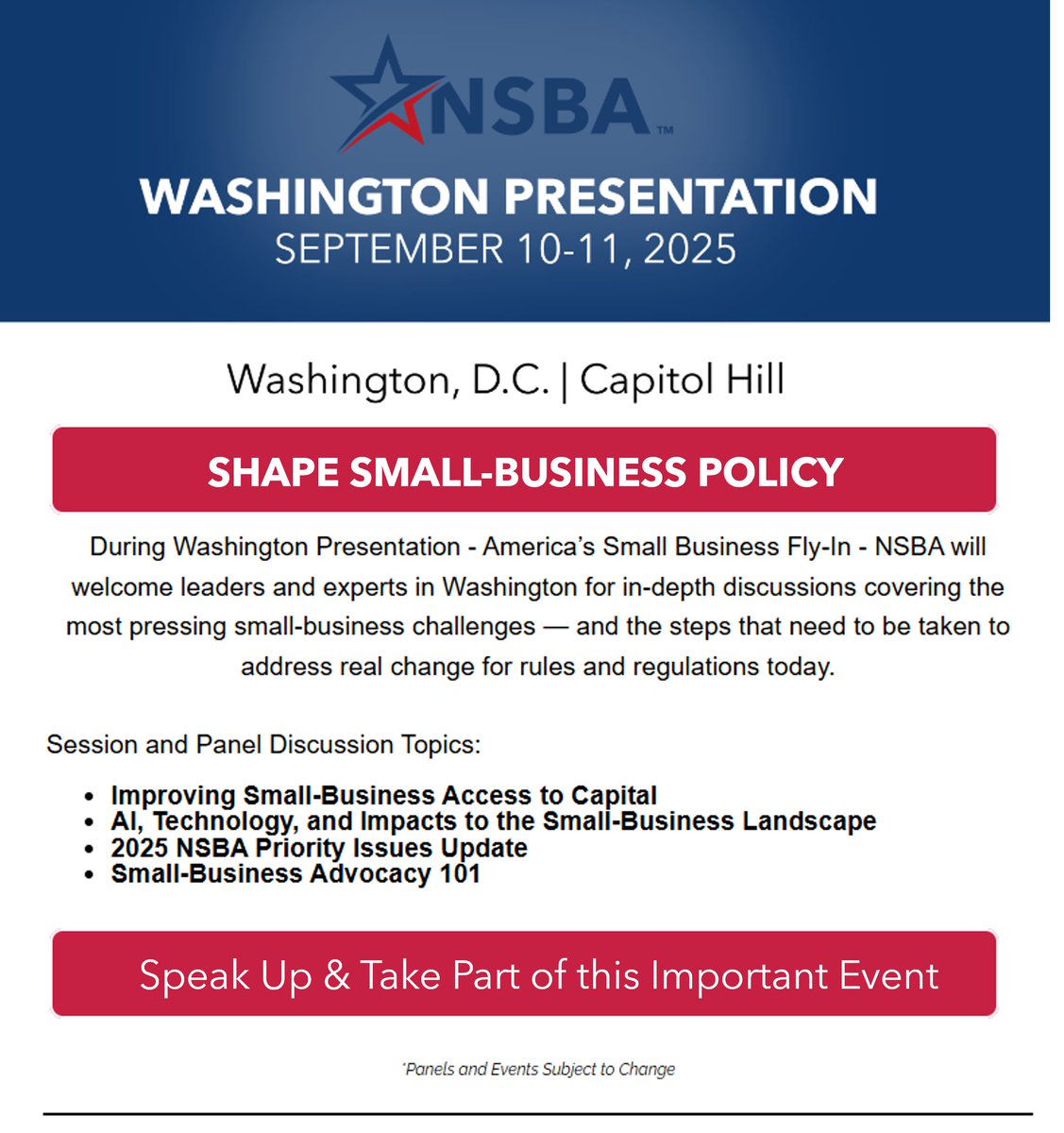 Early bird rates end soon.  Register for Washington Presentation - America's Small Business Fly-In, today:
nsbaadvocate.org/washingtonpres…