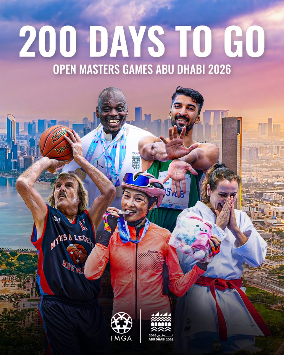 International Masters Games Association (@imgamasters) on Twitter photo 200 days to go! 🎉 ⏳
The first-ever Open Masters Games in Abu Dhabi is getting closer – and we’re counting down the days to reunite with our amazing community. 🇦🇪
Don’t miss your chance to be part of it 👉abudhabimasters2026.com
<a href="/omgad2026/">Open Masters Games Abu Dhabi 2026</a>
#OpenMastersGames #SportForLife 200 days to go! 🎉 ⏳
The first-ever Open Masters Games in Abu Dhabi is getting closer – and we’re counting down the days to reunite with our amazing community. 🇦🇪
Don’t miss your chance to be part of it 👉abudhabimasters2026.com
<a href="/omgad2026/">Open Masters Games Abu Dhabi 2026</a>
#OpenMastersGames #SportForLife