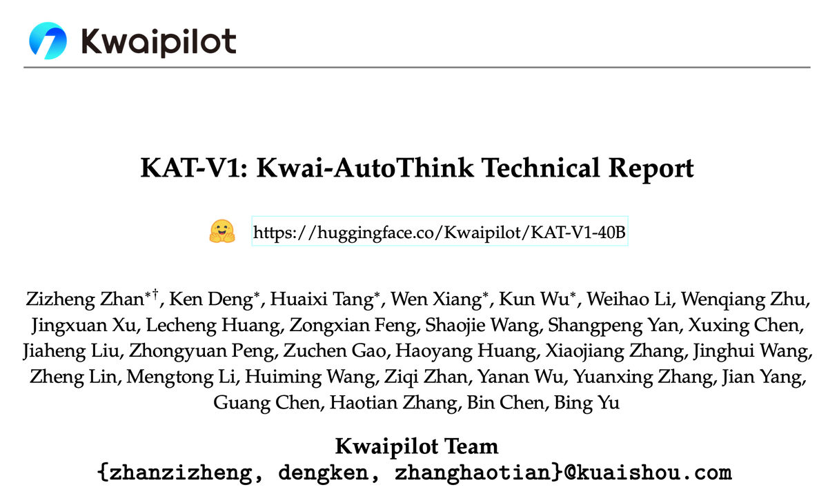 KwaiAICoder's tweet image. 🚀 Excited to introduce KAT-V1 (Kwaipilot-AutoThink) – a breakthrough 40B large language model from the Kwaipilot team!
KAT-V1 dynamically switches between reasoning and non-reasoning modes to address the “overthinking” problem in complex reasoning tasks.
Key Highlights:
📌 40B…