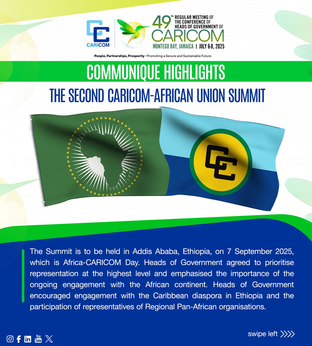CARICOMorg's tweet image. 💼#CARICOM–Africa Summit
🌍 The 2nd Africa-CARICOM Summit will be held in Ethiopia on 7 September 2025, deepening diaspora and political ties.
➡️Swipe now to learn more.
📲 Scan the QR code or click to read the Communique now caricom.org/communique-for…