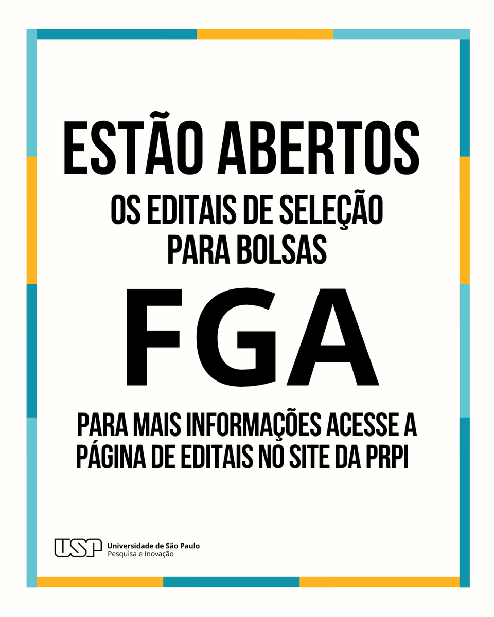 Abriu nesta semana os editais para a seleção de bolsistas doutores no Programa de Formação em Gestão Acadêmica (FGA) 2025. Acesse as normas para a participação em: prpi.usp.br/programas/prog…