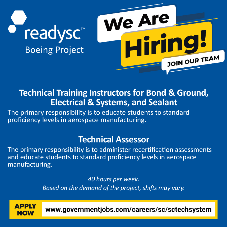 NOW HIRING Technical Training Instructors and Technical Assessors for the readySC Boeing Project!
For more information and to apply online, go to governmentjobs.com/careers/sc/sct….