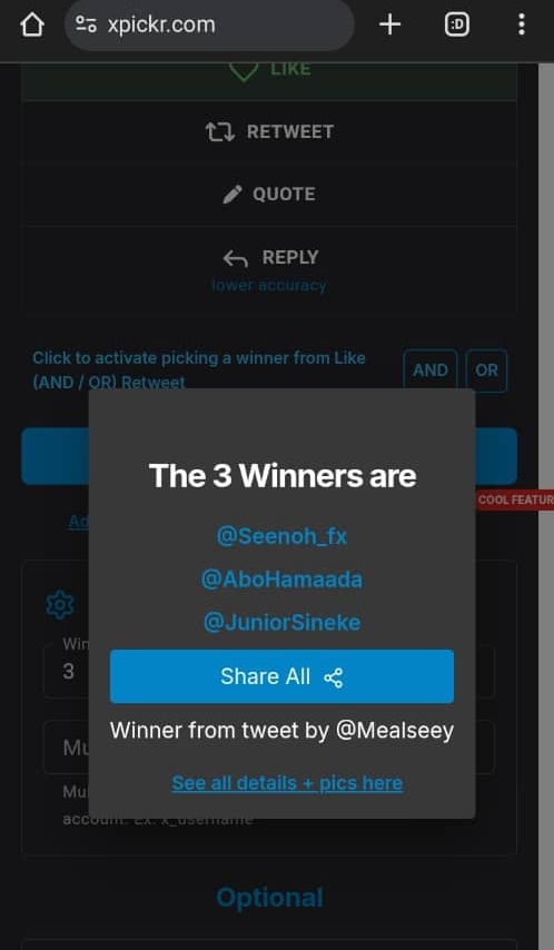 Aseeyah (@mealseey) on Twitter photo Congratulations winners ๐๐
<a href="/AboHamaada/">Karam Hamada</a>
<a href="/Seenoh_fx/">Herssynoh_FX๐</a>
<a href="/JuniorSineke/">Sineke J</a>
draw/1753106902337
Open a ticket on discord and claim your account Congratulations winners ๐๐
<a href="/AboHamaada/">Karam Hamada</a>
<a href="/Seenoh_fx/">Herssynoh_FX๐</a>
<a href="/JuniorSineke/">Sineke J</a>
draw/1753106902337
Open a ticket on discord and claim your account