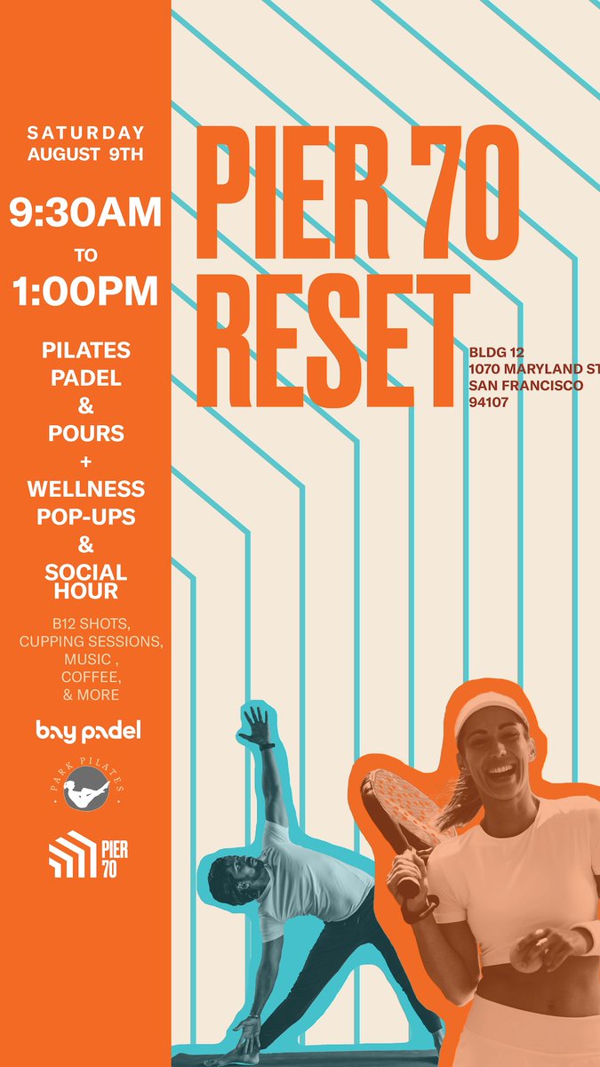 BREAKING NEWS, FOLKS! A Wellness Day is on its way at Pier 70, with our partners-in-fitness <a href="/Bay/">Tomoyuki Sato</a>.Padel + @ParkPilatesSF. Join us for a morning of movement, wellness &amp; community connection.

🗓 DATE + TIME: Sat, Aug. 9th, 9:30 AM – 1 PM
📍 LOCATION: Building 12, Pier 70
