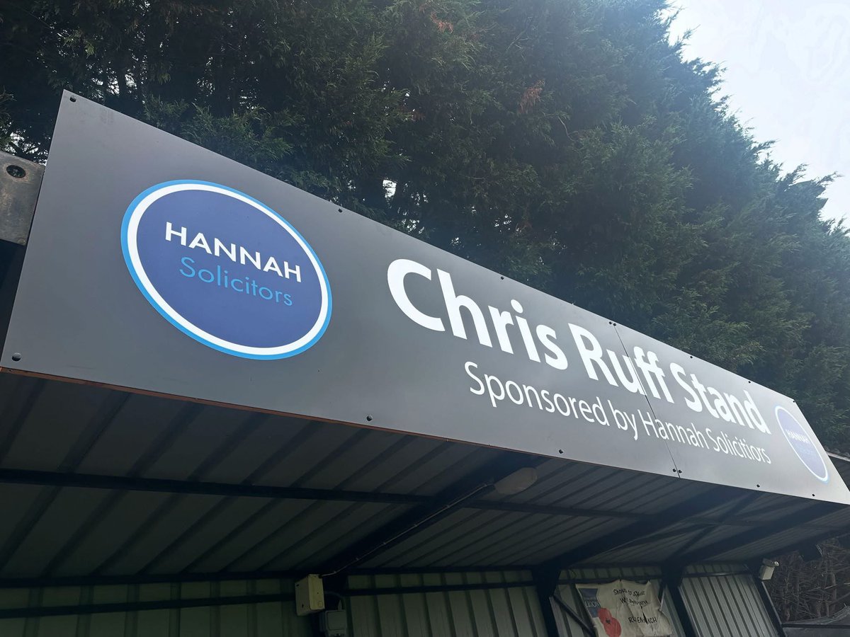 We’re so pleased to have been able to help Rushden Higham with new signage for The Chris Ruff Stand ⚽️

The previous signage was damaged in a recent storm, but is now looking fantastic with the Hannah Solicitors logo displayed proudly. 

#HannahSolicitors #Solicitors