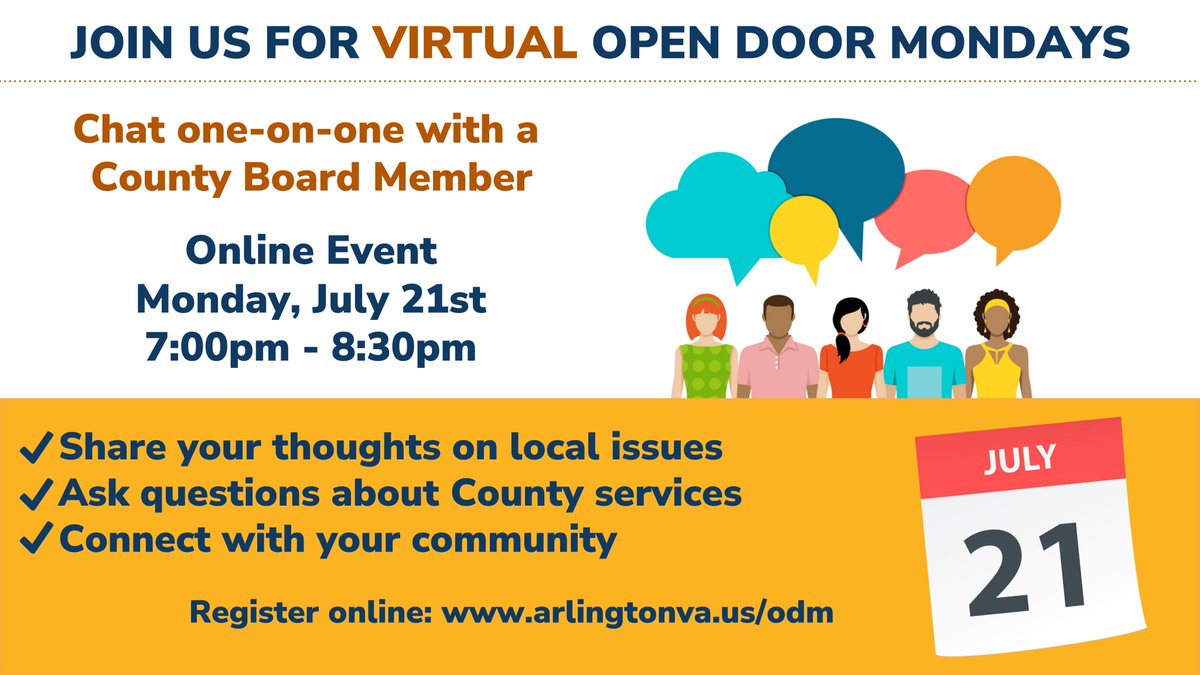 ArlCountyBoard's tweet image. Join us tonight for Virtual Open Door Mondays. Chat one-on-one with a County Board Member from 7:00 to 8:30 PM. Share your ideas, ask questions, and connect about local issues.
Register anytime before the event starts: arlingtonva.us/odm