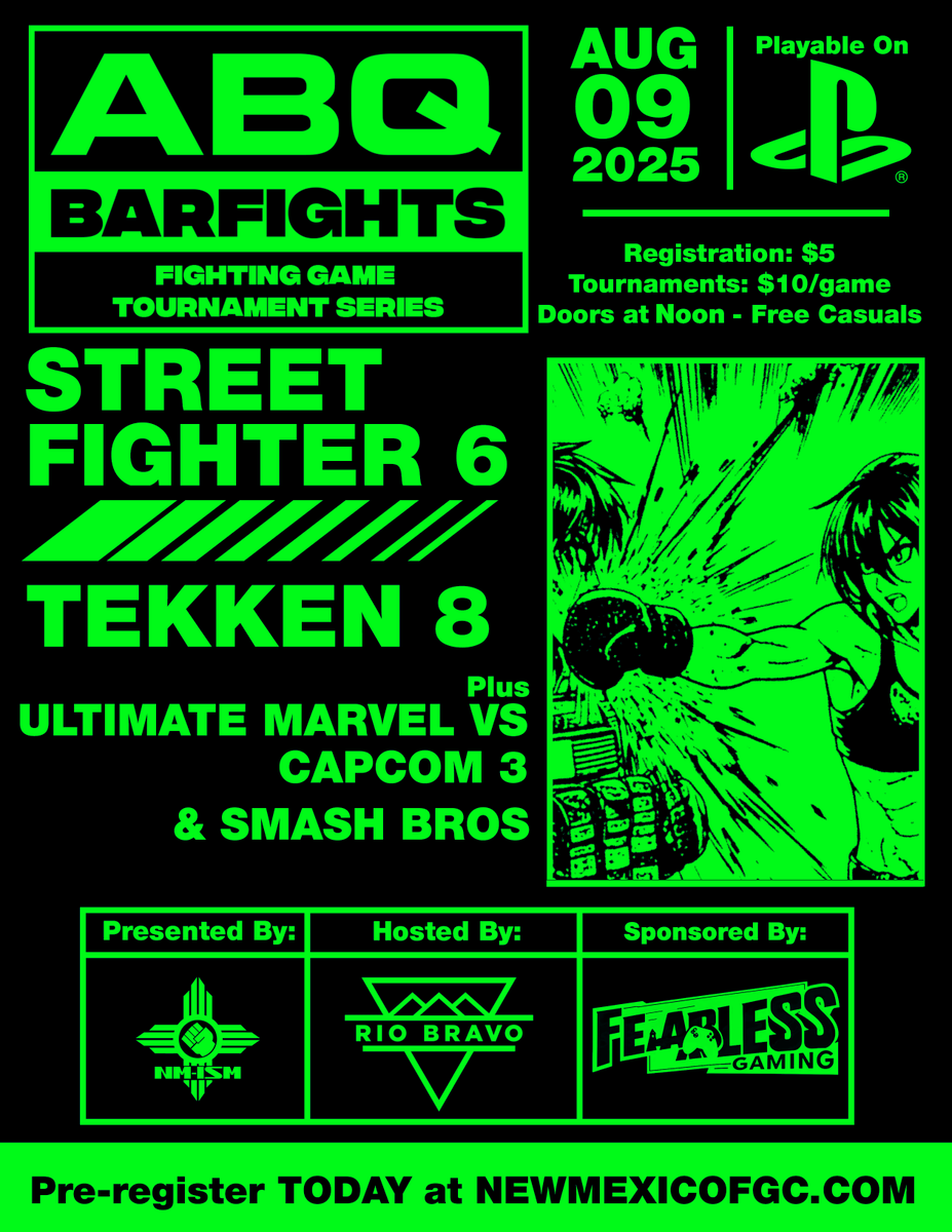NM-ISM FGC (@nmismfgc) on Twitter photo ABQ Barfights returns August 9th at our new venue <a href="/RioBravoBrewing/">Rio Bravo Brewing Co</a>!
STREET FIGHTER 6 / TEKKEN 8 / ULTIMATE MARVEL VS CAPCOM 3 + Smash Melee & Ultimate
All pre-regs get a free entry to raffles for King & Reina plushies
See you at the next tournament: start.gg/abqbarfights ABQ Barfights returns August 9th at our new venue <a href="/RioBravoBrewing/">Rio Bravo Brewing Co</a>!
STREET FIGHTER 6 / TEKKEN 8 / ULTIMATE MARVEL VS CAPCOM 3 + Smash Melee & Ultimate
All pre-regs get a free entry to raffles for King & Reina plushies
See you at the next tournament: start.gg/abqbarfights