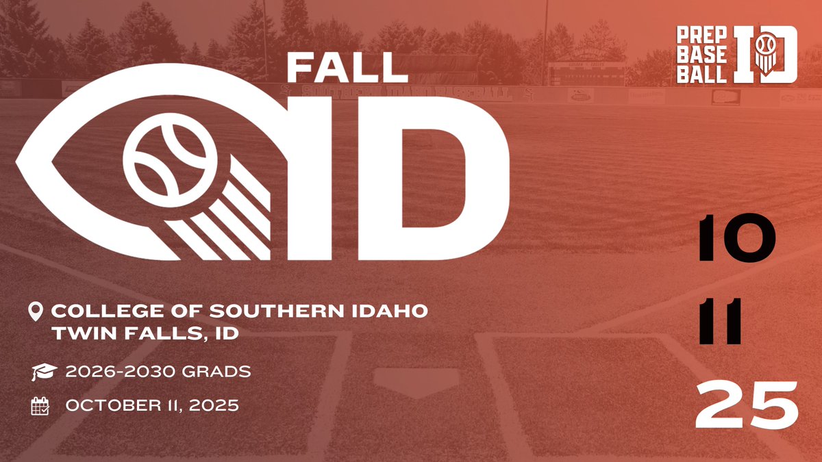 PrepBaseballID's tweet image. 🍁 𝐅𝐚𝐥𝐥 𝐈𝐃 - 𝐒𝐨𝐮𝐭𝐡𝐞𝐫𝐧 𝐈𝐝𝐚𝐡𝐨 🍁
Fall ID events are a key opportunity to earn invites to exclusive events like the State Games, Future Games, and more. Click the link below to register ⬇️ #BeSeen.
🗓️ Saturday, October 11th
📍 College of Southern Idaho
🎓 2026 -…