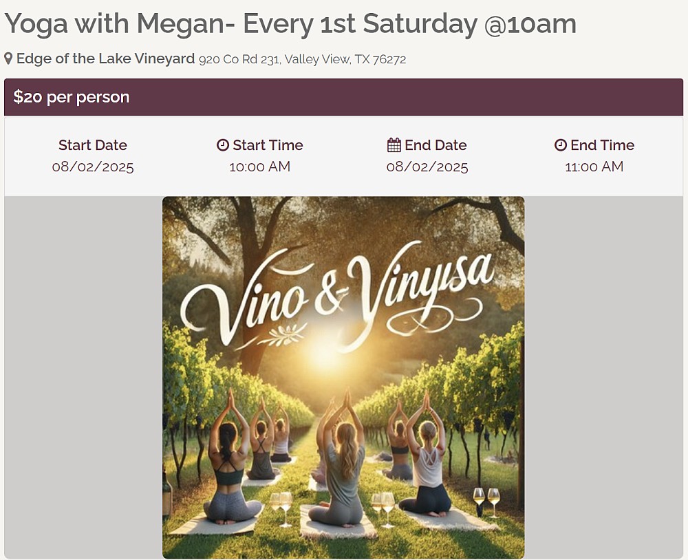 Edge of the Lake Vineyard is hosting Yoga with Megan every 1st Saturday—rain or shine! Stretch &amp; unwind among the vines, then stick around for some award‑winning wine afterward. Find events like these on the Texas Wine Lover website Guide &amp; mobile app! go.txwine.us/u/download-app