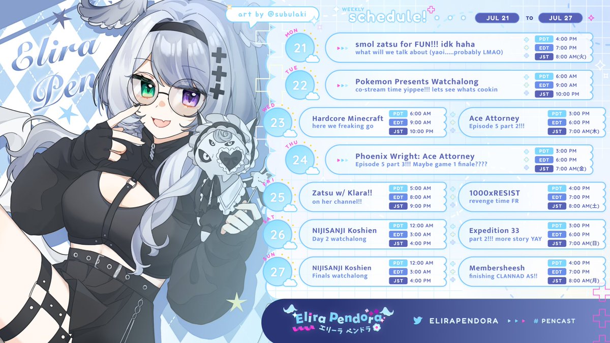 EliraPendora's tweet image. 『Weekly Schedule & Hashtags』
July 21st - 27th
KOSHIEN HYPE!!
general - #EliraPendora
live tag - #PenCast
art tag - #絵リーラ #pendorART
nsfw tag - #elilust
cosplay - #eligant
memes - #E1337RA
thumbnail - #thumbscales
voice - #ewiwapack
mascot - #weewas
artwork by @/subulaki