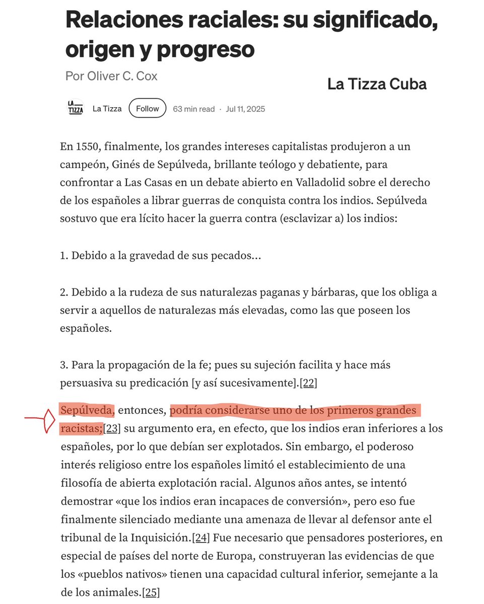 luisesperanto's tweet image. Sepúlveda podría considerarse uno de los primeros grandes racistas.
Relaciones raciales: su significado, origen y progreso, Oliver C. Cox, La Tizza, Traducción de Daniel Montañez Pico, medium.com/la-tiza/relaci…