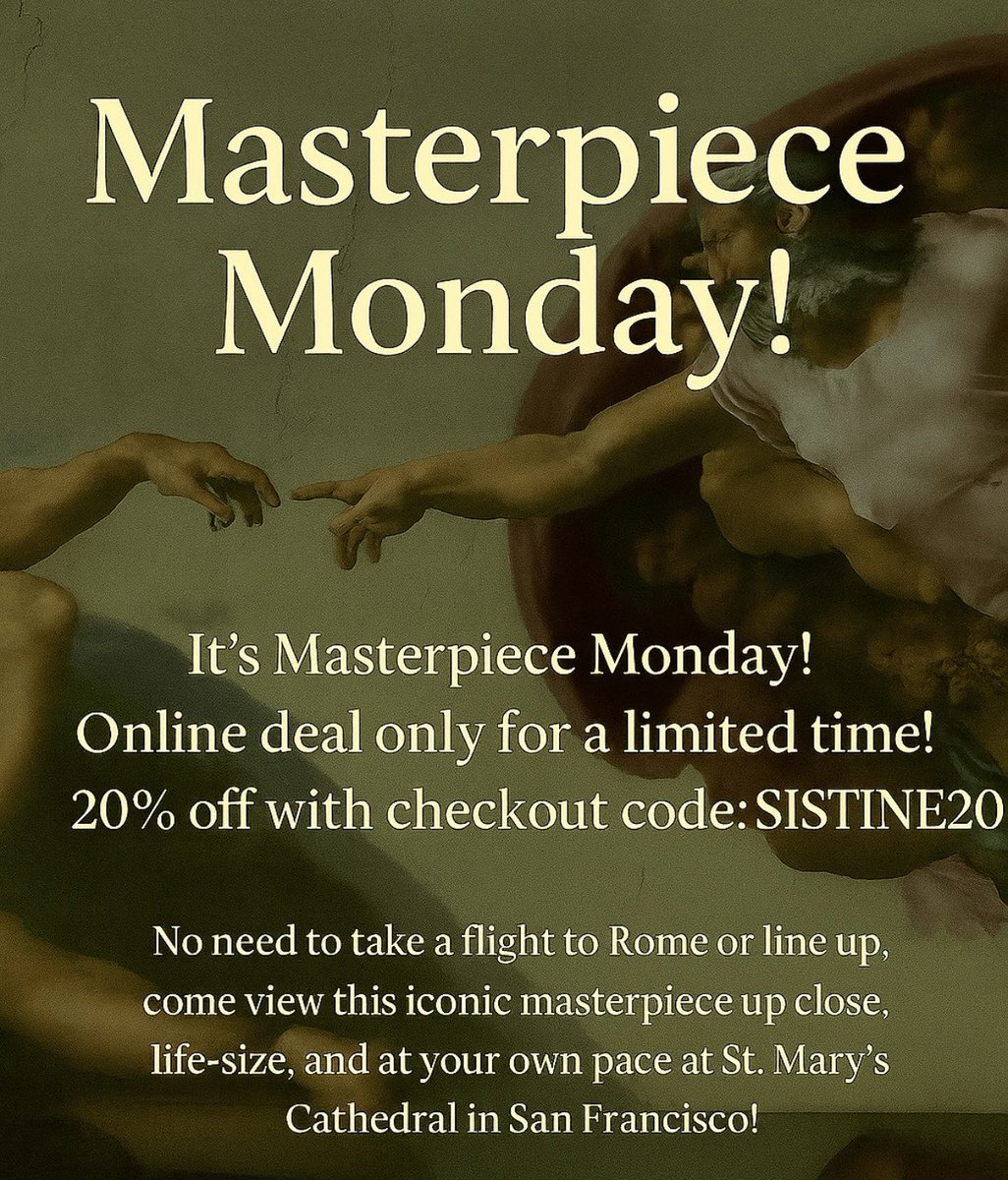 dpna's tweet image. It’s Masterpiece Monday!
Online deal for limited time! 20% off code: SISTINE20
No need to fly to Rome or line up, view this iconic masterpiece up close, life-size
& at your own pace at St. Mary’s Cathedral San Francisco! @chapelsistine
tix link below
chapelsistine.com/exhibits/san-f…