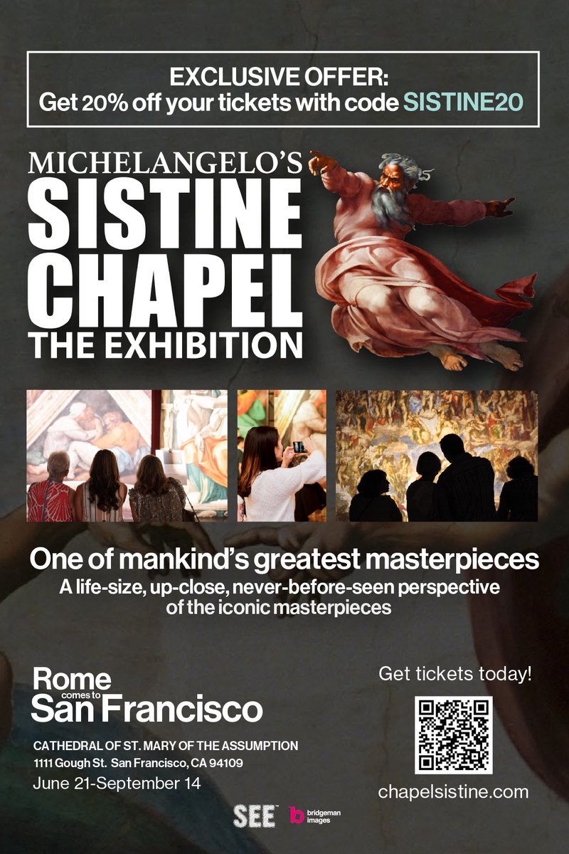 dpna's tweet image. It’s Masterpiece Monday!
Online deal for limited time! 20% off code: SISTINE20
No need to fly to Rome or line up, view this iconic masterpiece up close, life-size
& at your own pace at St. Mary’s Cathedral San Francisco! @chapelsistine
tix link below
chapelsistine.com/exhibits/san-f…