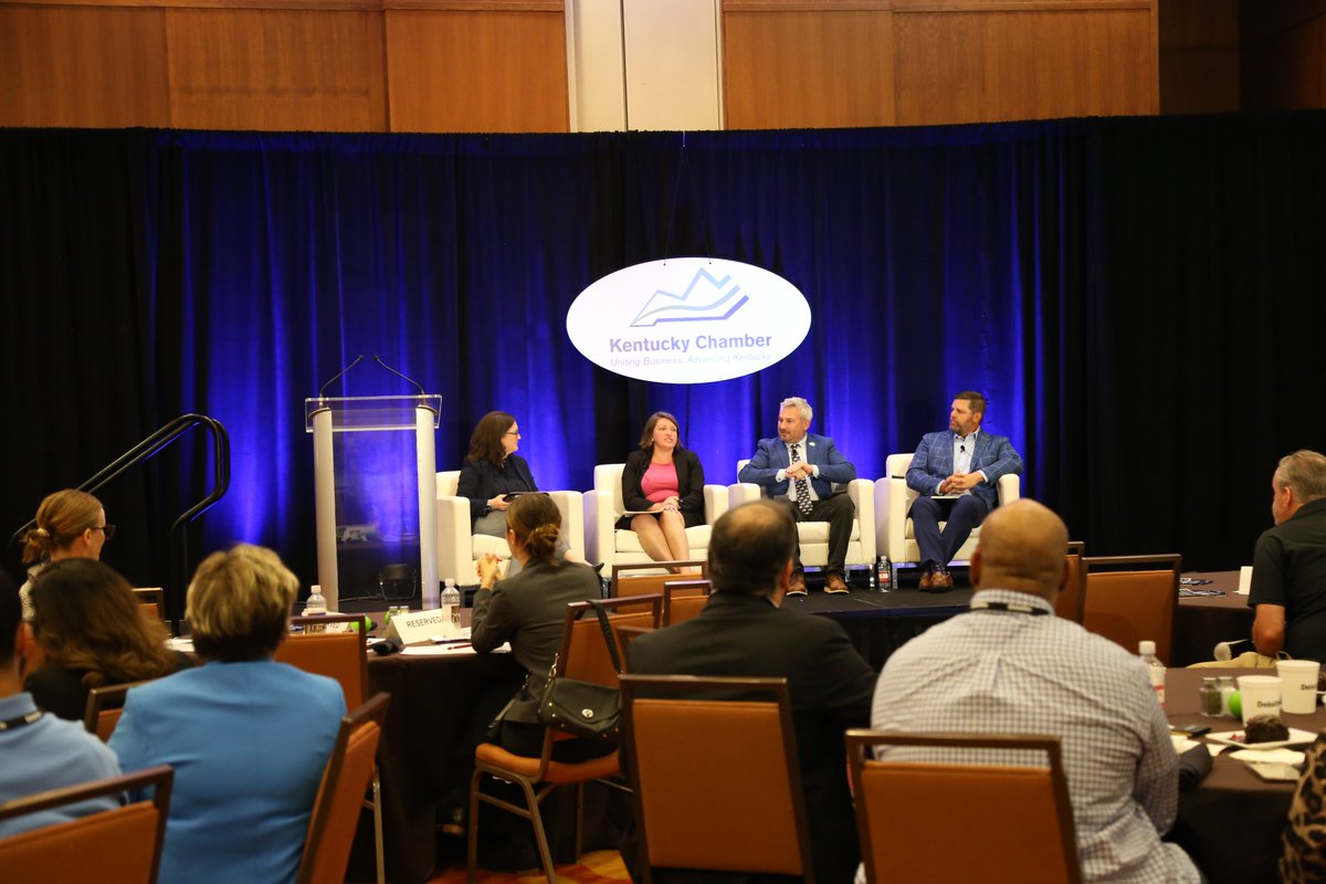 KyChamber's tweet image. Kentucky Chamber board member Ryan Quarles of @KCTCS, John Bevington of @lgeku, Katherine Gaztambide of the @responsive_gov, and Jamia McDonald of @Deloitte discuss how Kentucky is preparing for AI by focusing on workforce development, public-private partnerships, and education.…