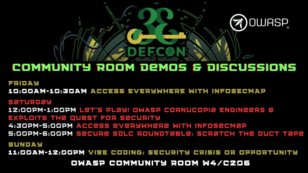 The OWASP Community Room Demos &amp; Roundtables at <a href="/defcon/">DEF CON</a>  are where the magic happens—live demos, real talk, and next-level insights 💥

Curious? Pull up, learn, share, and connect. See you in Vegas! 🎲✨ Thank you to <a href="/JoshCGrossman/">Josh Grossman 👻 (tghosth)</a> <a href="/InfoSecMap/">InfoSecMap</a> &amp; Spyros G. #dc33 #HackerSummerCamp