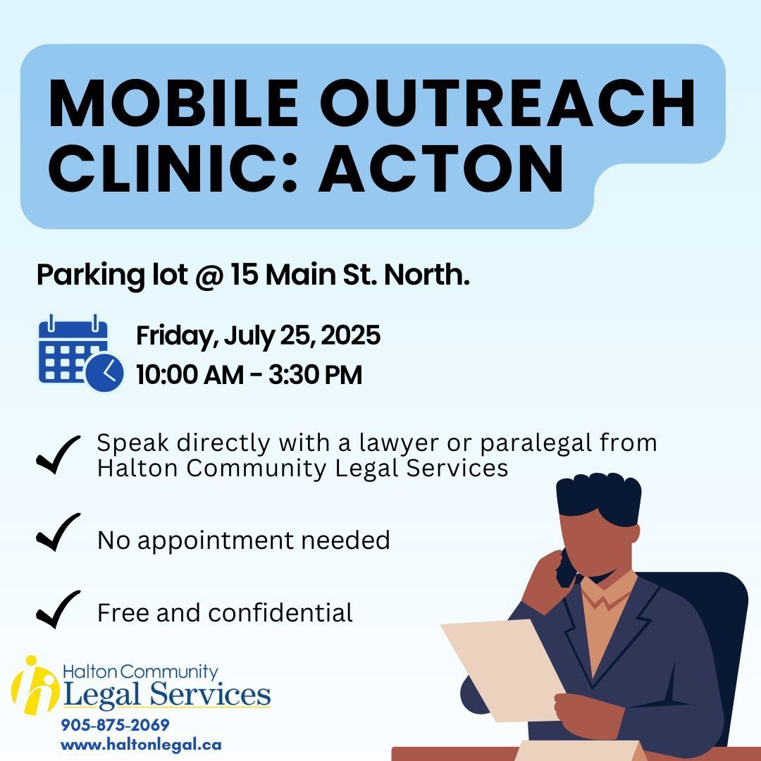 The #MobileOutreachClinic will be in #Acton this Friday, July 25 from 10 AM to 3:30 PM!

Drop by and speak directly with a legal professional about your #tenantrights, #workersrights, #disabilitybenefits, and more.

✔️ No appointment required
✔️ Always confidential
✔️ Always free