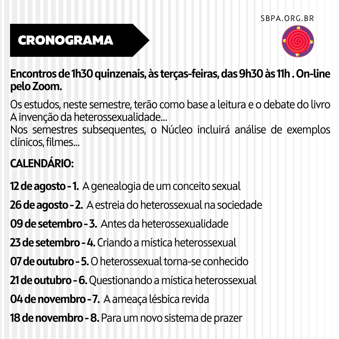psiclaracorrea's tweet image. 🚨 ATENÇÃO #psitwitter 🚨
Abertas as inscrições para o Núcleo de diversidade sexual e identidades de gênero PSIQUEER
Estarei ajudando meu amigo Gabriel Sansoni a coordenar esse núcleo onde leremos A Invenção da Heterossexualidade
Mais infos no site 👇 sbpa.org.br/clinica/nucleo…