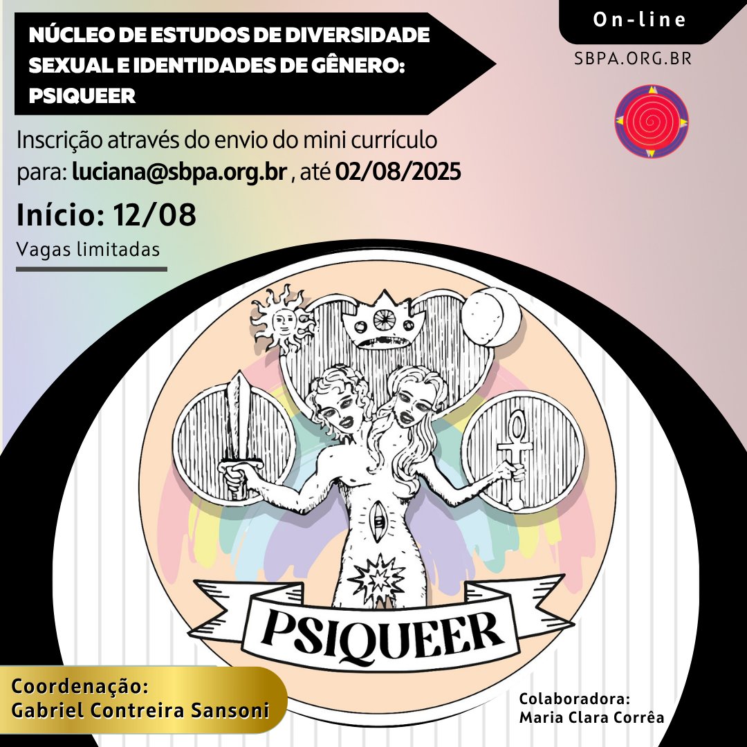 psiclaracorrea's tweet image. 🚨 ATENÇÃO #psitwitter 🚨
Abertas as inscrições para o Núcleo de diversidade sexual e identidades de gênero PSIQUEER
Estarei ajudando meu amigo Gabriel Sansoni a coordenar esse núcleo onde leremos A Invenção da Heterossexualidade
Mais infos no site 👇 sbpa.org.br/clinica/nucleo…