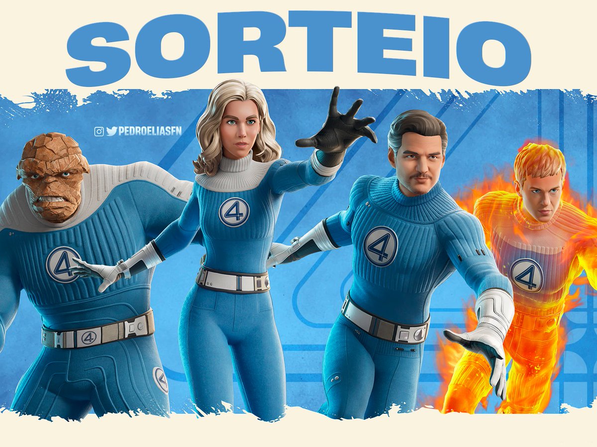 PedroElias - Fortnite News (@pedroeliasfn) on Twitter photo SORTEIO QUARTETO FANTÁSTICO 4⃣
🎁 1x Traje Tocha Humana, O Coisa, Senhor Fantástico ou Mulher Invisível.
🚨Regras:
- Seguir: <a href="/PedroEliasFN/">Pedro Elias ★ Fortnite News</a>
- Republicar e Curtir
- Marcar dois amigos
📆 Resultado: 25/07 SORTEIO QUARTETO FANTÁSTICO 4⃣
🎁 1x Traje Tocha Humana, O Coisa, Senhor Fantástico ou Mulher Invisível.
🚨Regras:
- Seguir: <a href="/PedroEliasFN/">Pedro Elias ★ Fortnite News</a>
- Republicar e Curtir
- Marcar dois amigos
📆 Resultado: 25/07