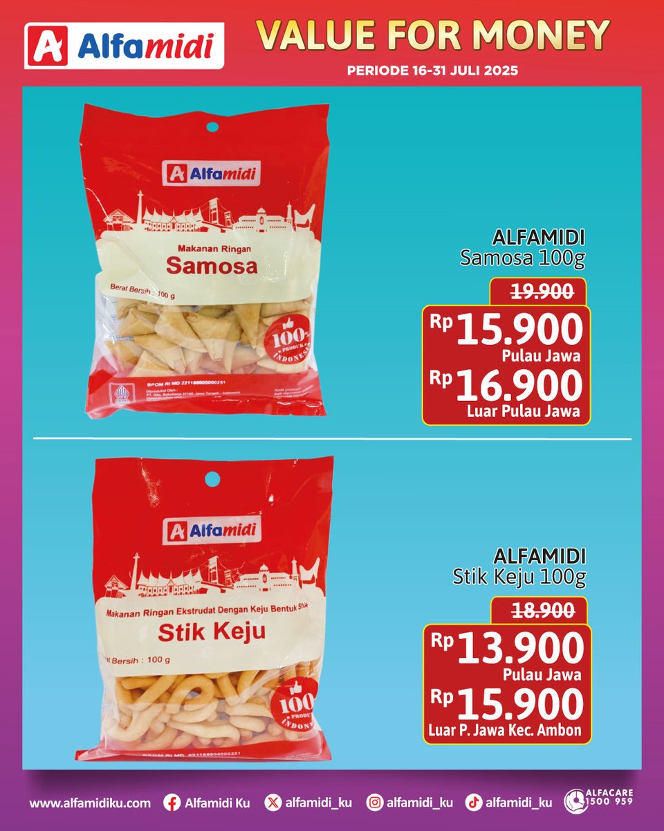alfamidi_ku's tweet image. VALUE FOR MONEY di Alfamidi! ✨ 

Lagi cari camilan hemat tapi tetap enak? Produk Private Label jawabannya!

#PromoAlfamidi #ValueForMoney  #AyokeAlfamidi #AlfamidiUntukIndonesia #AlfamidiHadirMelayani #alfamidifavoritkeluarga #PromodiAlfamidi