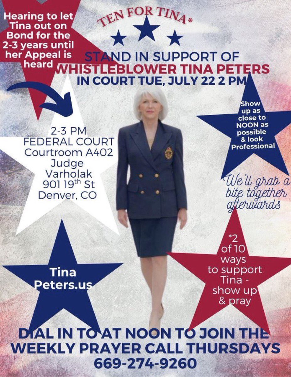 I was thrown in prison for standing up for the truth. So was Tina Peters.

Now she’s fighting for her freedom as they try to bury her—just for exposing election fraud.

She deserves our full support.
Show up in person Tuesday, July 22 in Denver.