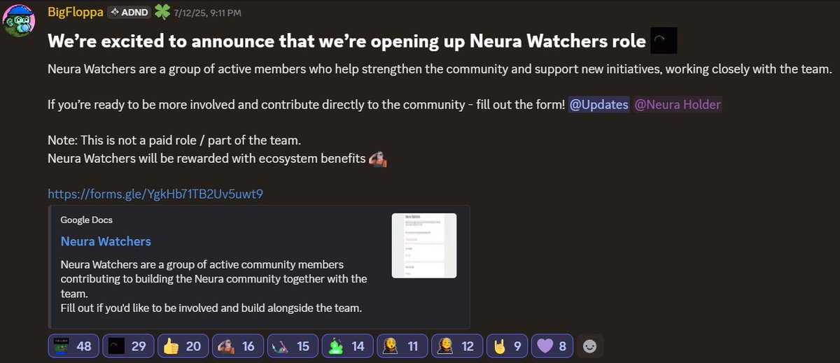 If you’re a <a href="/NeuraADND/">Neura</a> holder and an active member of our fam, don’t forget to fill out the form for the Neura Watchers role in our Discord! 👇

Neura Watchers are created for engaged holders who helps strengthen the community and working closely with the team

If you’re ready to
