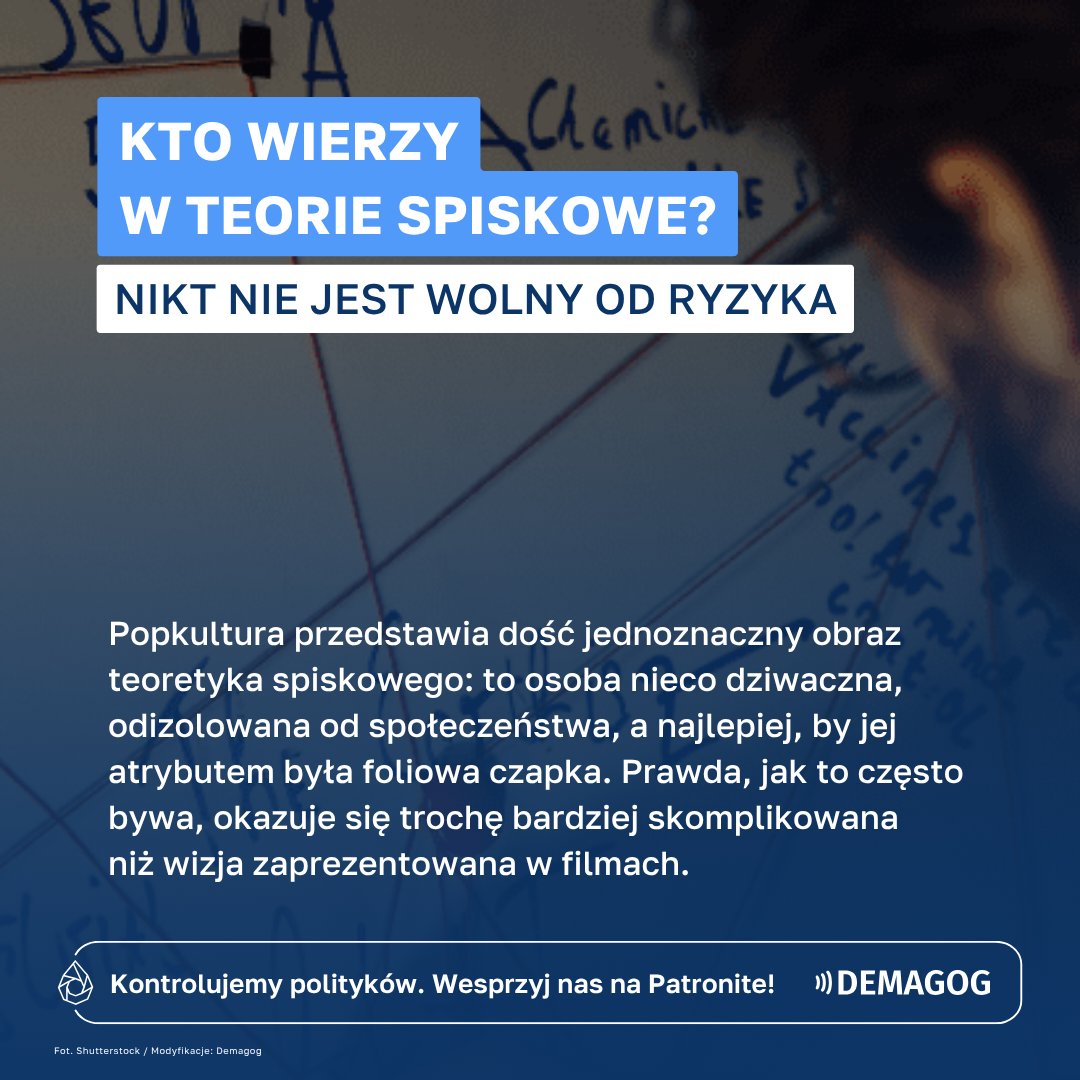DemagogPL's tweet image. 🧠 Teoria spiskowa zakłada, że grupa o złych intencjach ukrywa prawdę dla własnych korzyści. Przykładami są teorie o płaskiej Ziemi czy HAARP. Jednak tego typu narracje bywają bardziej złożone, a podatność na nie zależy od wielu czynników.
📊 W 2020 roku 47% Polaków wierzyło, że…