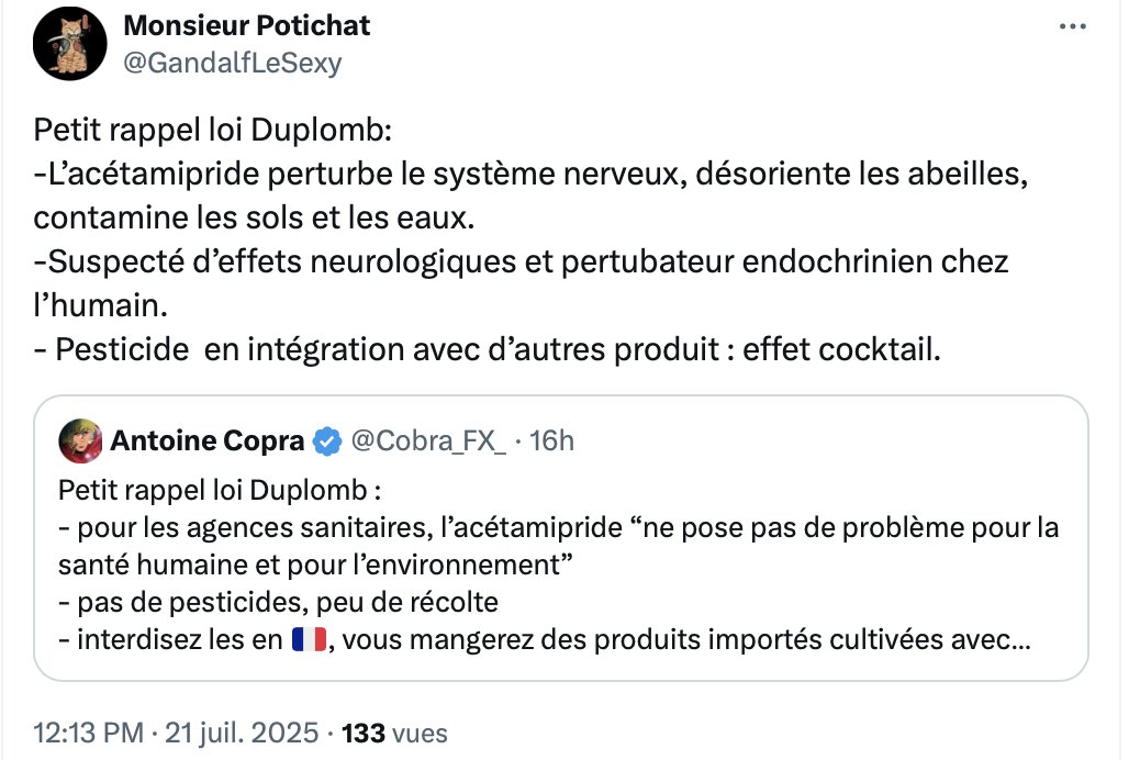 Petit contre-exemple, l'aspirine:
- L'acide acétylsalicylique possède des propriétés embryotoxique et tératogène.
- Il tue en quelques heures ou quelque jours votre chat ou chien.
Mais cela soulage la fièvre, douleur et courbature chez l'humain.
Science vs HGG.