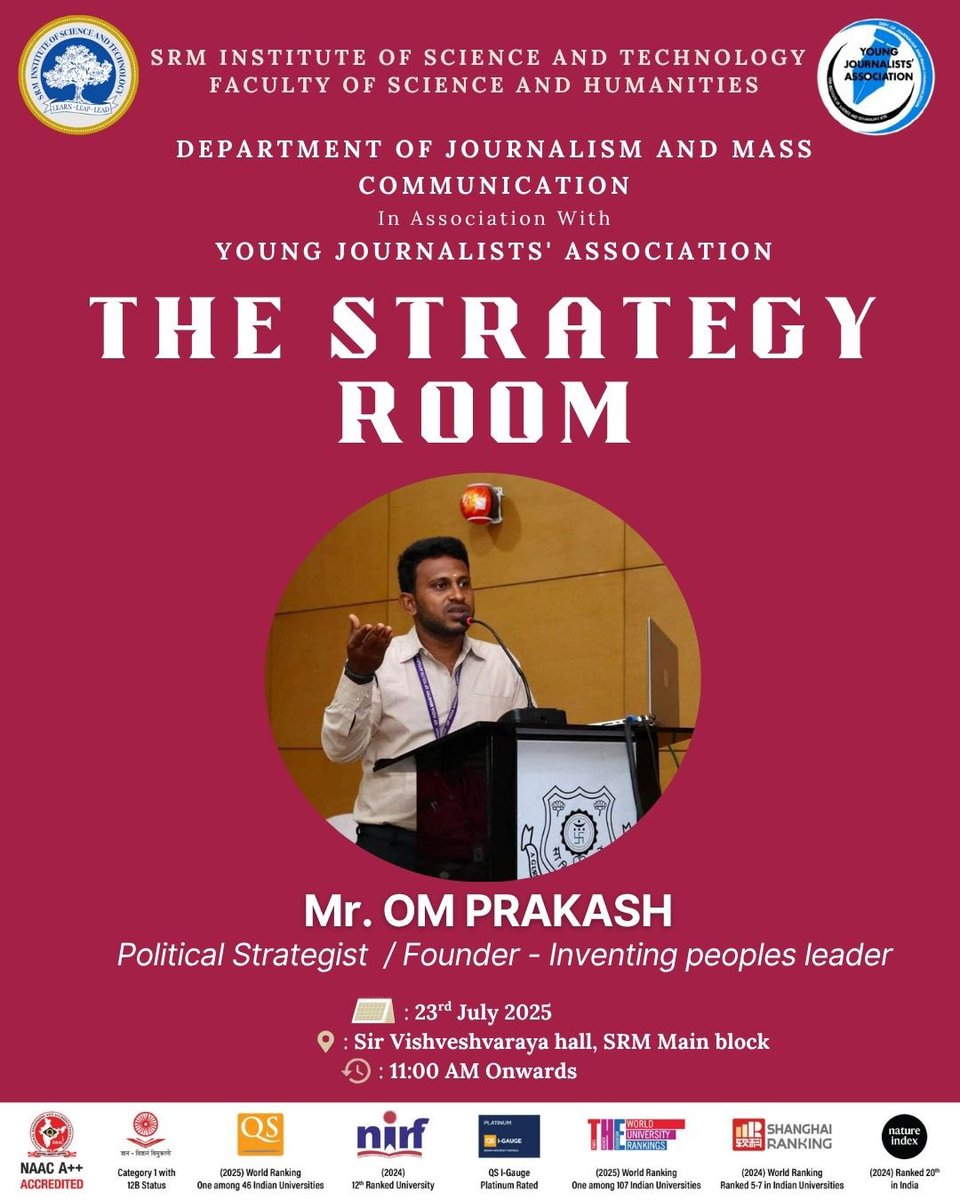 omprakash_TN's tweet photo. I’ll be addressing the students of the Department of Journalism and Mass Communication at *SRM University, Kattankulathur* campus, on the topic — “The Strategy Room”, focusing on Political and Election Strategy. https://t.co/YgMd9cRGeN