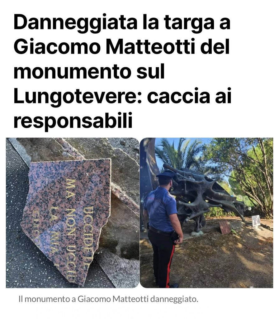 riccardomagi's tweet image. Questa mattina è stato ritrovato danneggiato il monumento a Matteotti sul lungotevere Arnaldo da Brescia a Roma. È un simbolo nazionale, che racconta dell’oppressione fascista e del coraggio di un uomo che ha osato sfidare il regime a costo della vita.
Il minimo che la nostra…