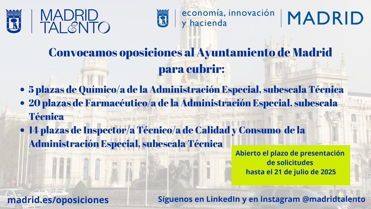 📢 Último día para incribirse en estas oposiciones:

👩‍🔬 5 plazas de Químico
👉 informate.madrid.es/hakv61

💊 20 plazas de Farmacéutico
👉 informate.madrid.es/sagzr

🔎 14 plazas de Inspector Técnico de Calidad y Consumo
👉 informate.madrid.es/v1wdn