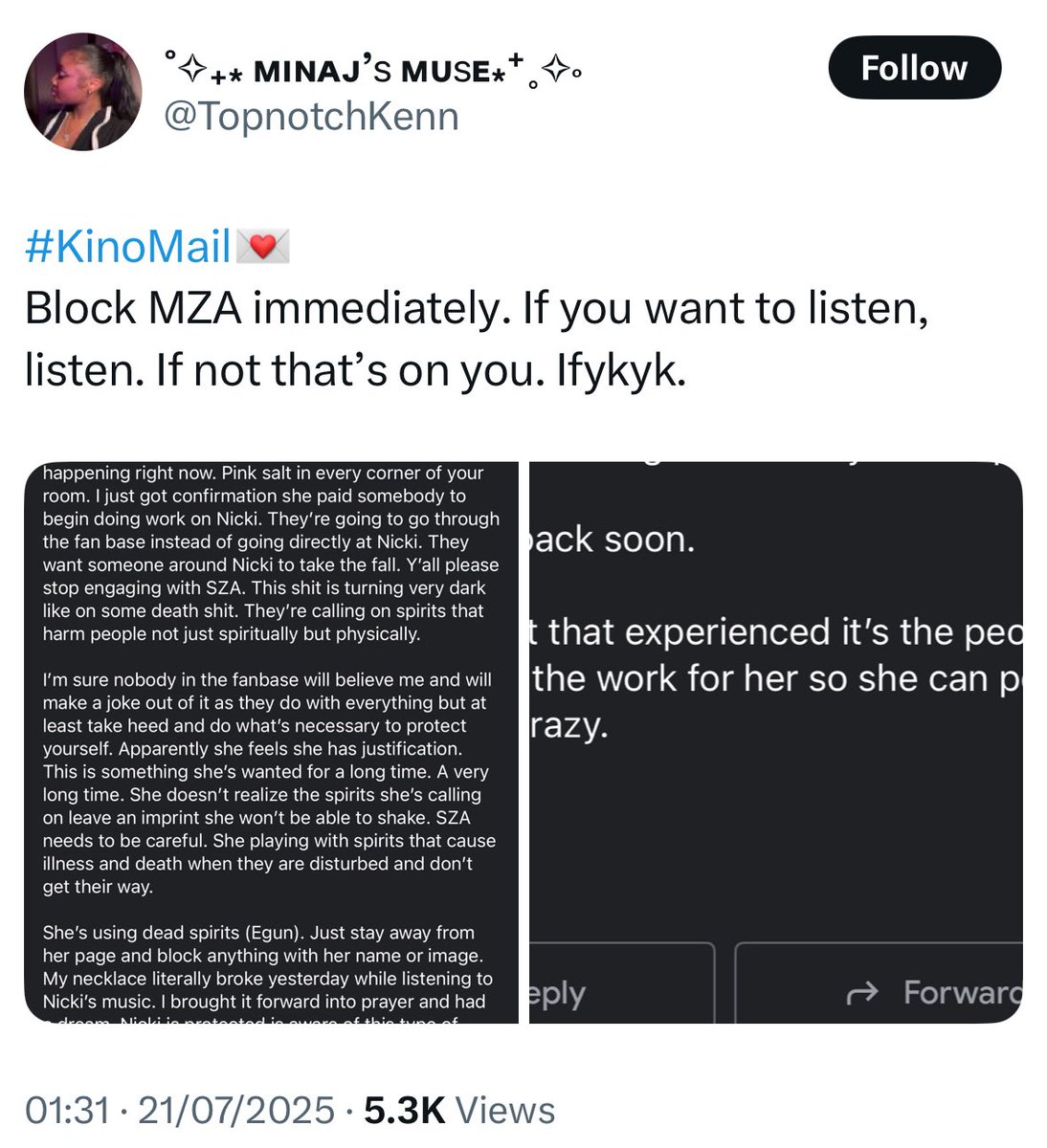 KamariCalamari's tweet image. This just hit a new LOW🔴 Kinetic “barbs” now believe SZA is the reason for their headaches. Here we have an email from their leader Kino, advising them to block SZA. A kinetic responds by announcing their headache had been cured…W T F😭