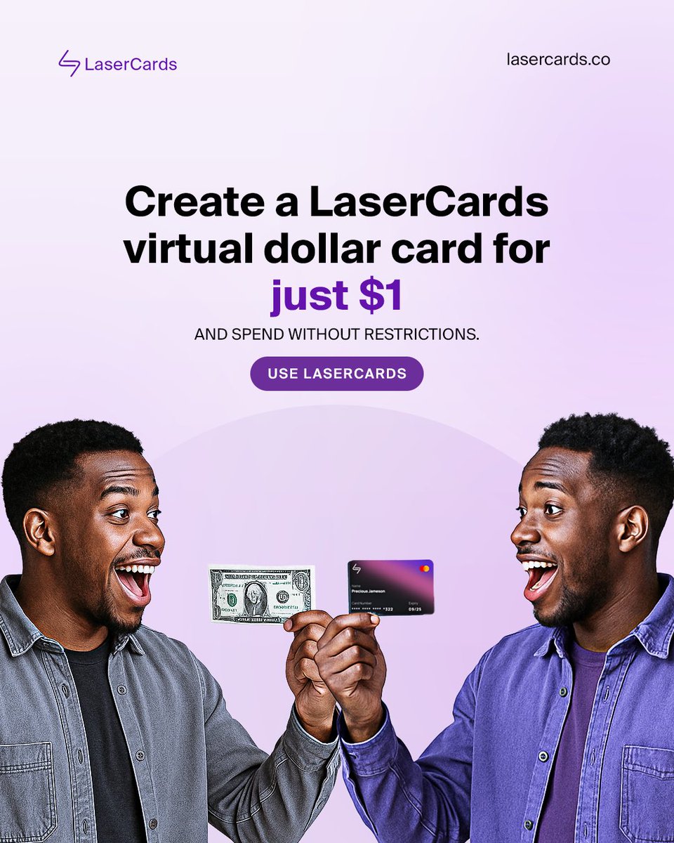 lasercardsco's tweet image. You can get the best virtual dollar card in Nigeria for just $1.
LaserCards works for international school fees payment, Apple and Google payments, PayPal, Upwork, and many others.
Visit lasercards.co to get your reliable virtual dollar card today.