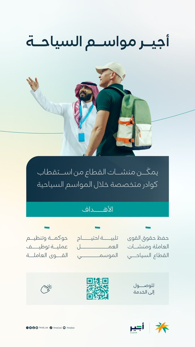 HRSD_SA's tweet photo. لتعزيز فرص العمل الموسمي..

أجير تتيح "أجير مواسم السياحة"
لدعم منشآت القطاع.

🔗|| للتقديم: https://t.co/lJK8kXQBZW