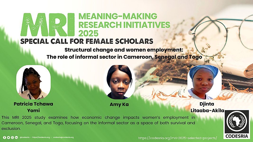CODESRIA's tweet image. 📊 MRI 2025 | Women, Work & Informality
How do economic shifts impact women in 🇨🇲🇸🇳🇹🇬?
This study tracks 3 decades of trends, spotlighting the informal sector’s role in women’s resilience & risk.
🔗 codesria.org/mri-2025-selec…
#MRI2025 #CODESRIA #WomenAndWork
