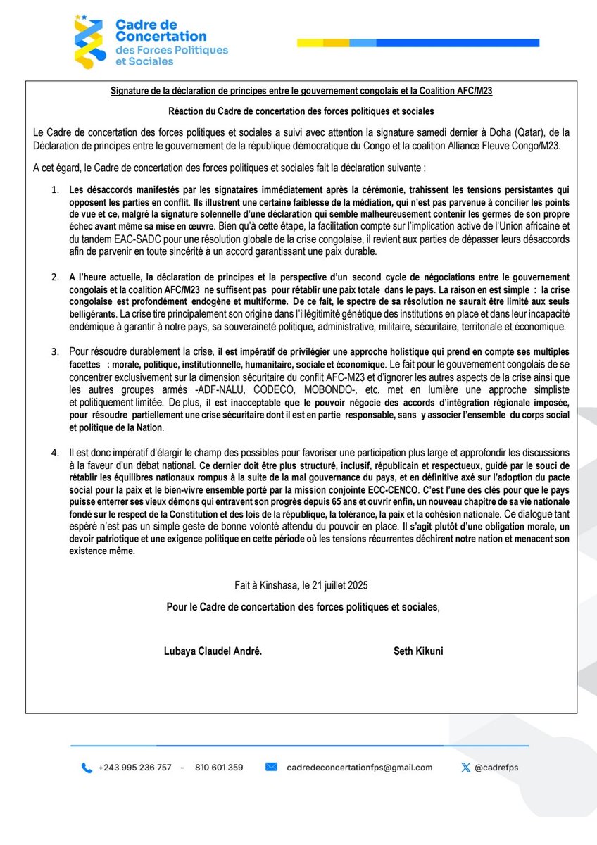 Michel Mwika (@michelmwika) on Twitter photo Un dialogue national inclusif, des mesures de décrispation et la fin du harcèlement politique contre l’opposition sont essentiels pour bâtir la paix en RDC. Car la paix ne se construit ni dans l’exclusion, ni dans la persécution. Ci-dessous la déclaration du <a href="/cadrefps/">Cadre de Concertation</a>. Un dialogue national inclusif, des mesures de décrispation et la fin du harcèlement politique contre l’opposition sont essentiels pour bâtir la paix en RDC. Car la paix ne se construit ni dans l’exclusion, ni dans la persécution. Ci-dessous la déclaration du <a href="/cadrefps/">Cadre de Concertation</a>.