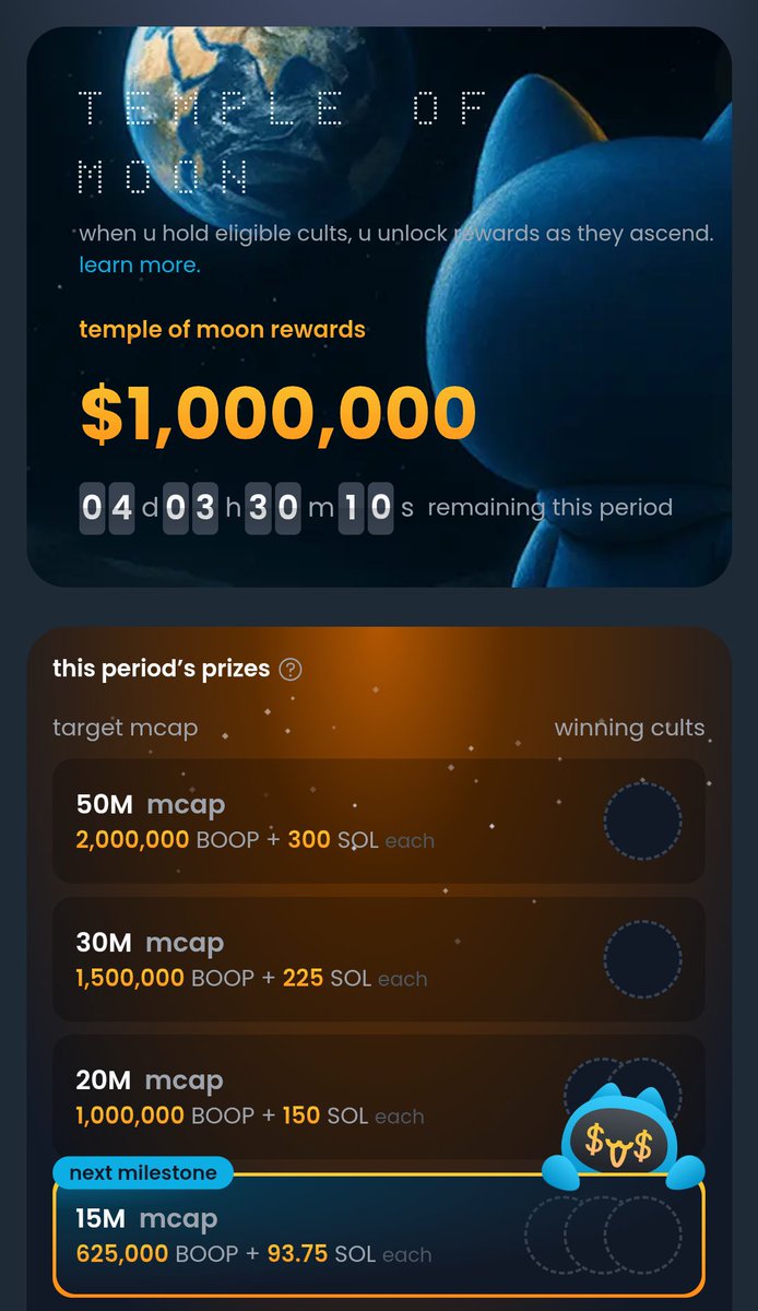stellarxtr's tweet image. Temple of moon reward is happening!

They are giving out $1mil in rewards to the community.

We r currently at 10m market cap, lets boop and push it to the top.

 How many boop u staked so far? 👇🏻

#boopdotfun #Solana #templeofmoon