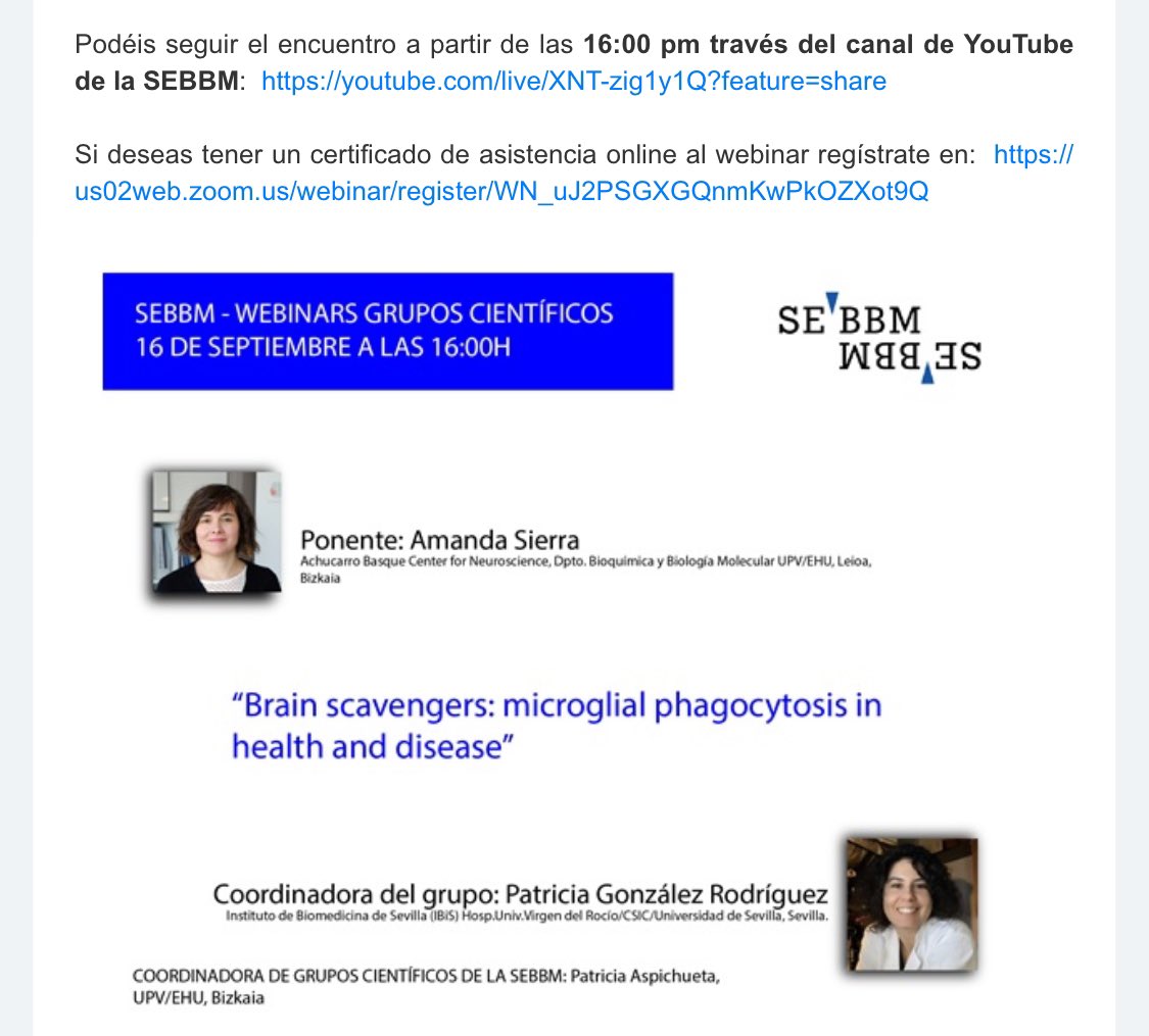 🧠⚠️Un placer contar con la participación de Amanda Sierra <a href="/SierraLabAch/">Amanda Sierra</a> el próximo 16 de septiembre en el Webinar del Grupo de Neurobiología de la <a href="/SEBBM_es/">SEBBM</a> .

Os dejo el link: sebbm.us2.list-manage.com/track/click?u=…

🚨🚨Recuerda solicitar tu certificado de asistencia‼️

Os esperamos!