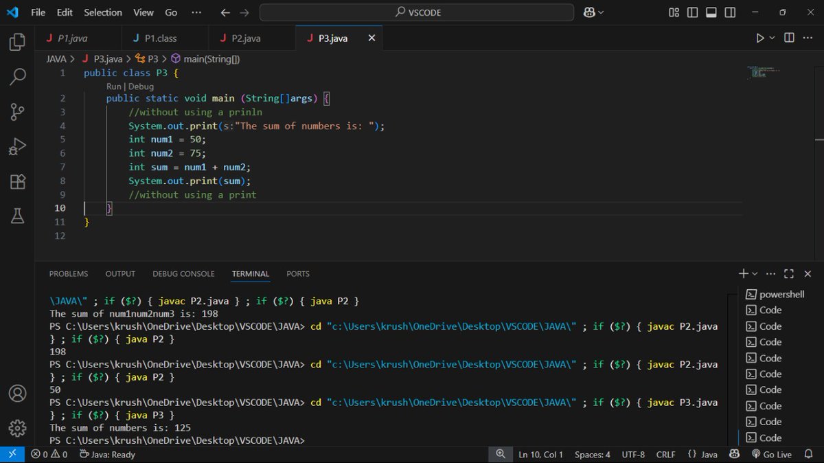 Krushnapal_9's tweet image. 🚀 Day 2 of learning #Java
📌 Learned today:
🔹 Documentation, Package, Import, Interface,class
🔹 Variable rules & naming
💻 Practiced:
1️⃣ Add 3 numbers
2️⃣ Use print (not println)
#100DaysOfCode #JavaLearning #C #StudentDev #TechJourney