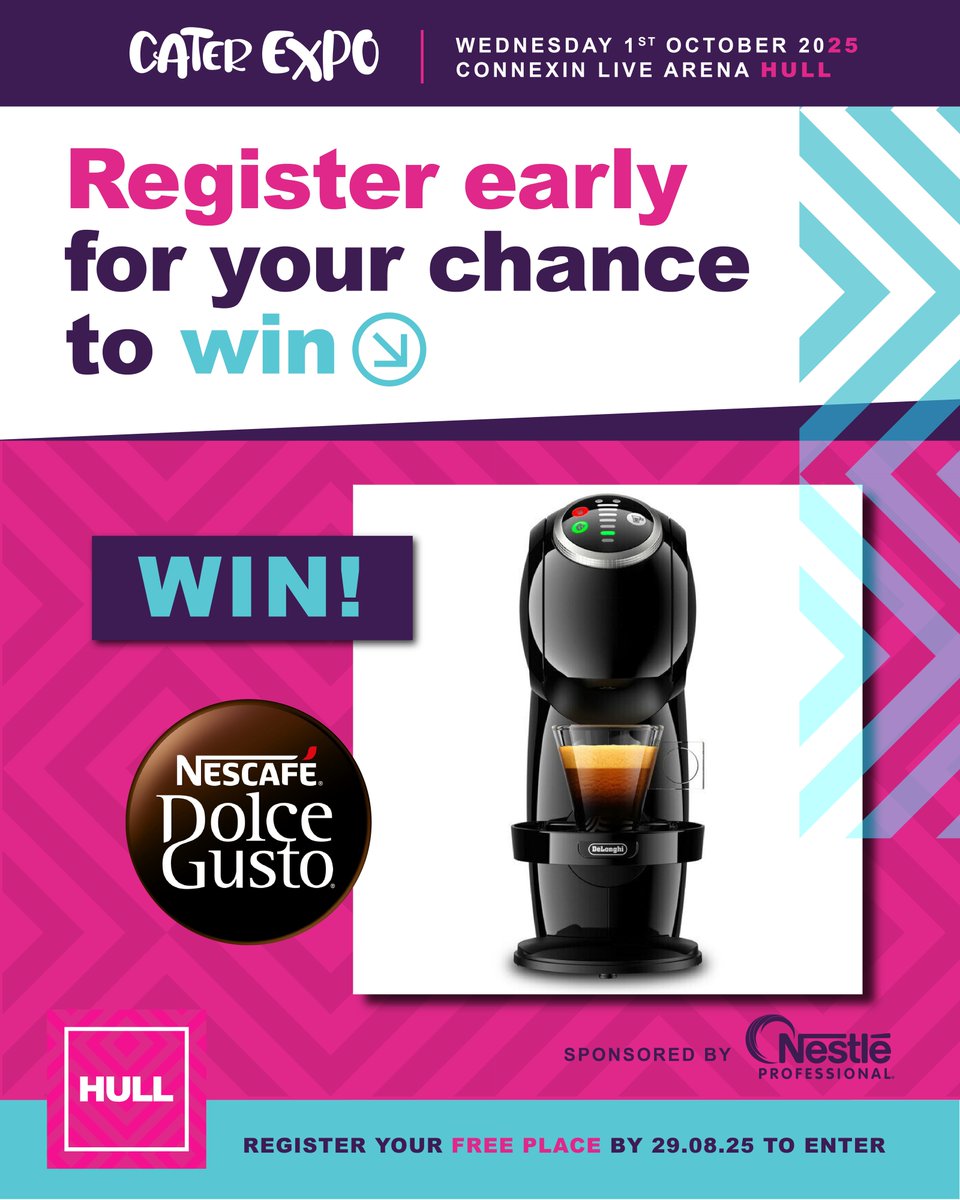 WIN A Dolce Gusto Genio S Plus Coffee Machine! Simply register for our Hull show by 29.08.25 and attend to be in with the chance to win ☕️

Register here 👉 bit.ly/4jX8Pqi

*Prize to be collected at the Cater Expo Hull on Wed 1st October 2025