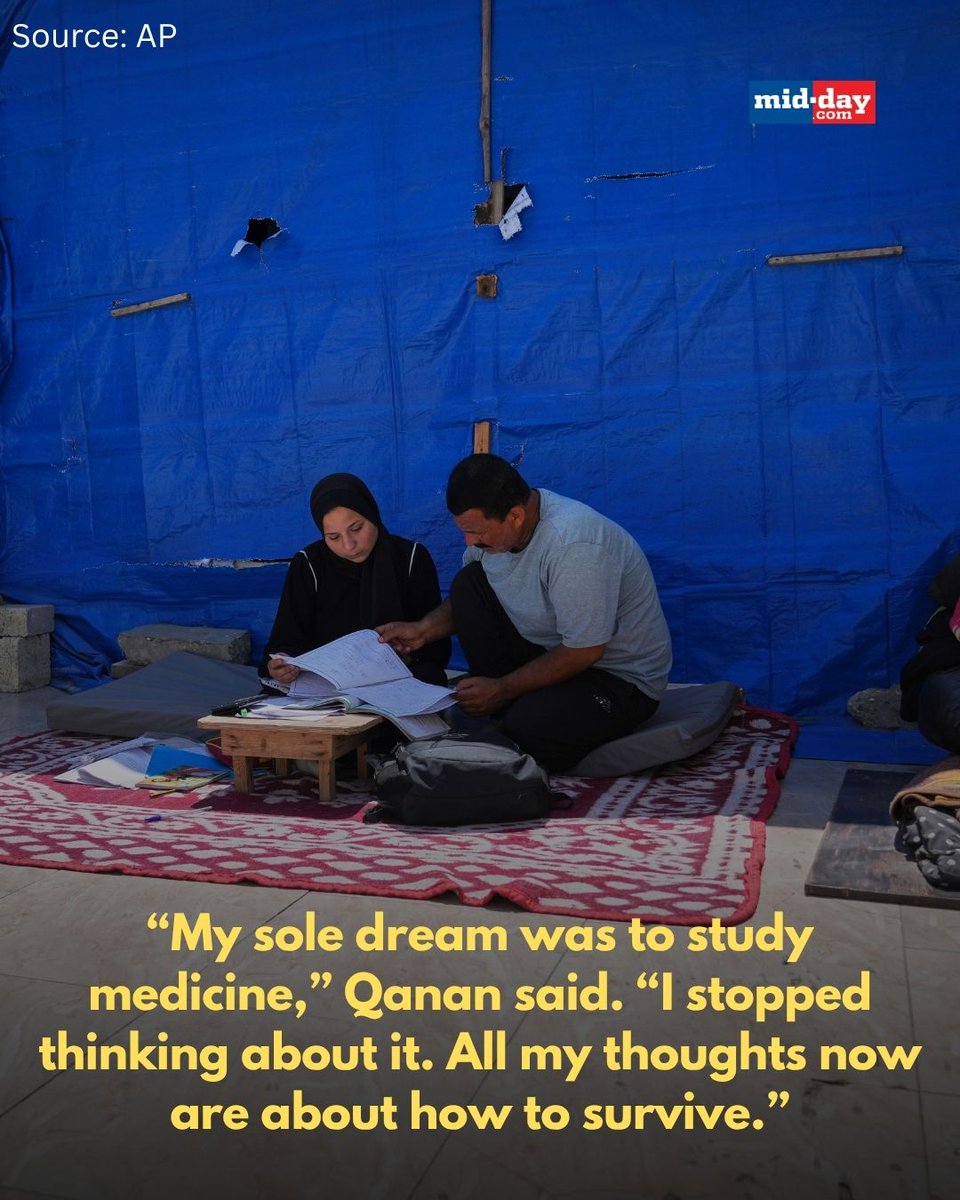 mid_day's tweet photo. She dreamed of being a doctor — now she’s just fighting to survive in a tent.

Source: AP

#Gaza #Palestine #WarImpact #EducationCrisis #StudentVoices #GazaStudents https://t.co/79z8dZFVEM