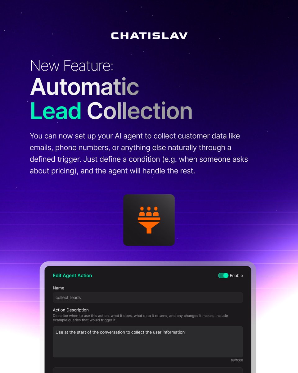 Chatislav's tweet image. New Feature: Automatic Lead Collection
Your AI agent can now collect customer data like emails, phone numbers, or any custom info, based on specific triggers.
For example, set it to ask for an email only if the user inquires about pricing or features.
Now live in your…