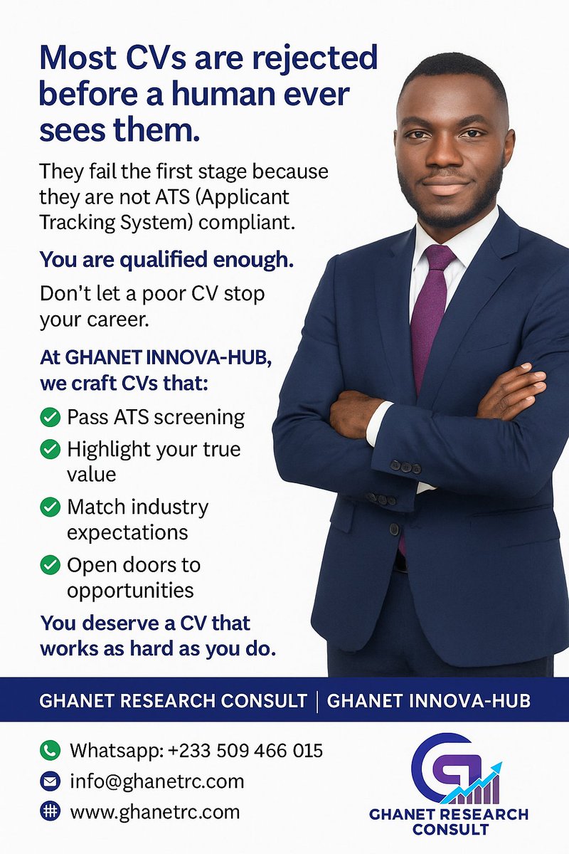 GHANETResearch's tweet image. Need help with dissertations, assignments, CVs, study abroad, or career support?
GHANET RESEARCH CONSULT is here for you.

#GHANETResearchConsult #DissertationHelp #AssignmentSupport #StudyAbroad #CVWriting #CareerServices #AcademicSupport  #ResearchExperts