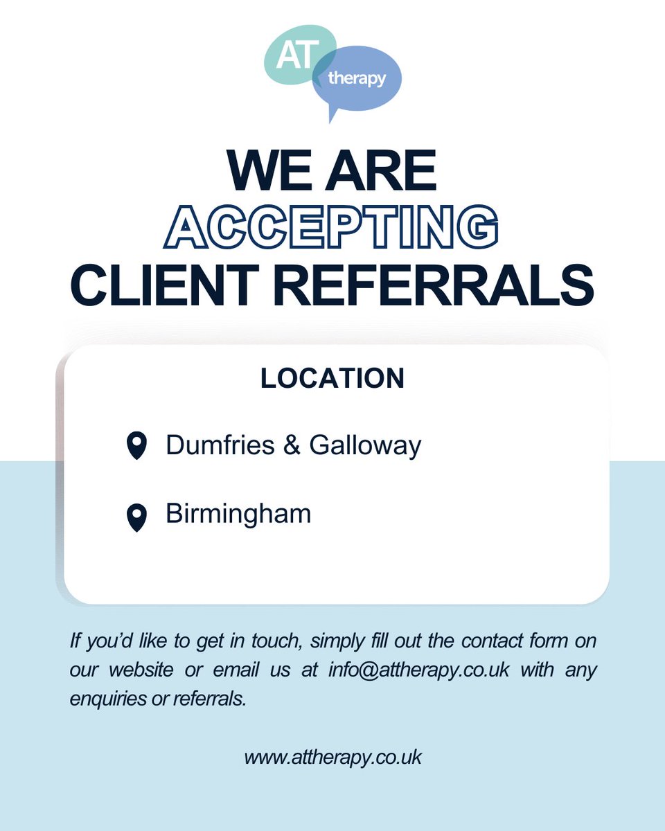 ATtherapy (@attherapy2012) on Twitter photo We’re now accepting client referrals in Birmingham and Dumfries & Galloway! ✨
If you’d like to get in touch, simply fill out the contact form on our website at attherapy.co.uk or email us at info@attherapy.co.uk with any enquiries or referrals.
#speechtherapy We’re now accepting client referrals in Birmingham and Dumfries & Galloway! ✨
If you’d like to get in touch, simply fill out the contact form on our website at attherapy.co.uk or email us at info@attherapy.co.uk with any enquiries or referrals.
#speechtherapy