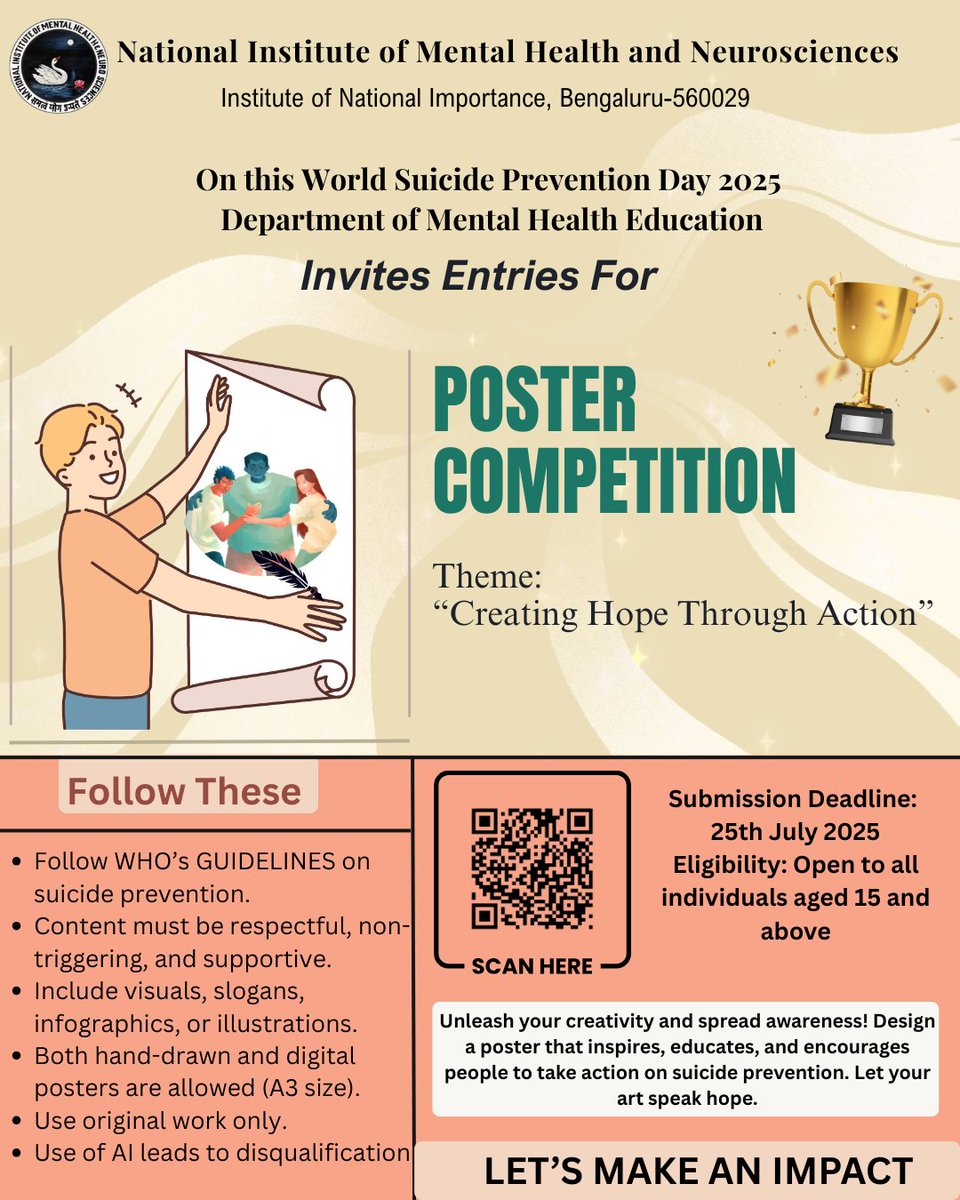 NIMHANS_BLR's tweet image. Calling all artists, creators, and changemakers! 🌱✨
On World Suicide Prevention Day 2025, @mheduNIMHANS invites you to participate in Poster, Badge, Brochure, and Wristband competitions on the theme “Creating Hope Through Action.”
📅 Last date to submit: 25th July 2025.